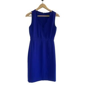 J CREW scalloped blue purple crepe front wrap sleeveless career office dress